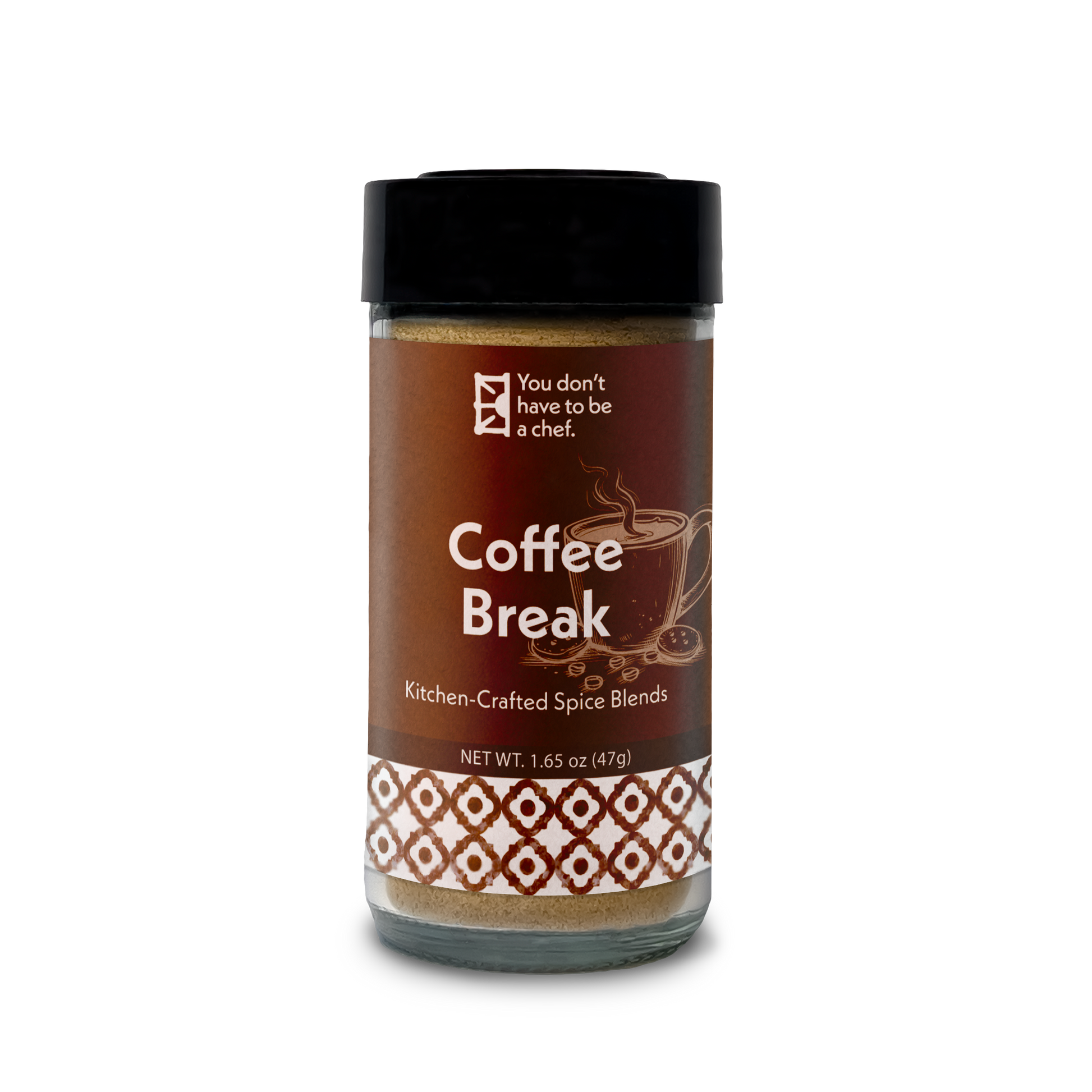 A bottle of Coffee Break, Yemeni Hawaij spice blend with cardamom, cinnamon, and clove, perfect for coffee, cookies, and other baking.