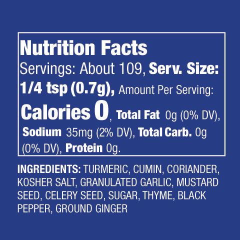 Nutritional facts and ingredient list of "Fish Outta Water" Mediterranean Spice Blend.