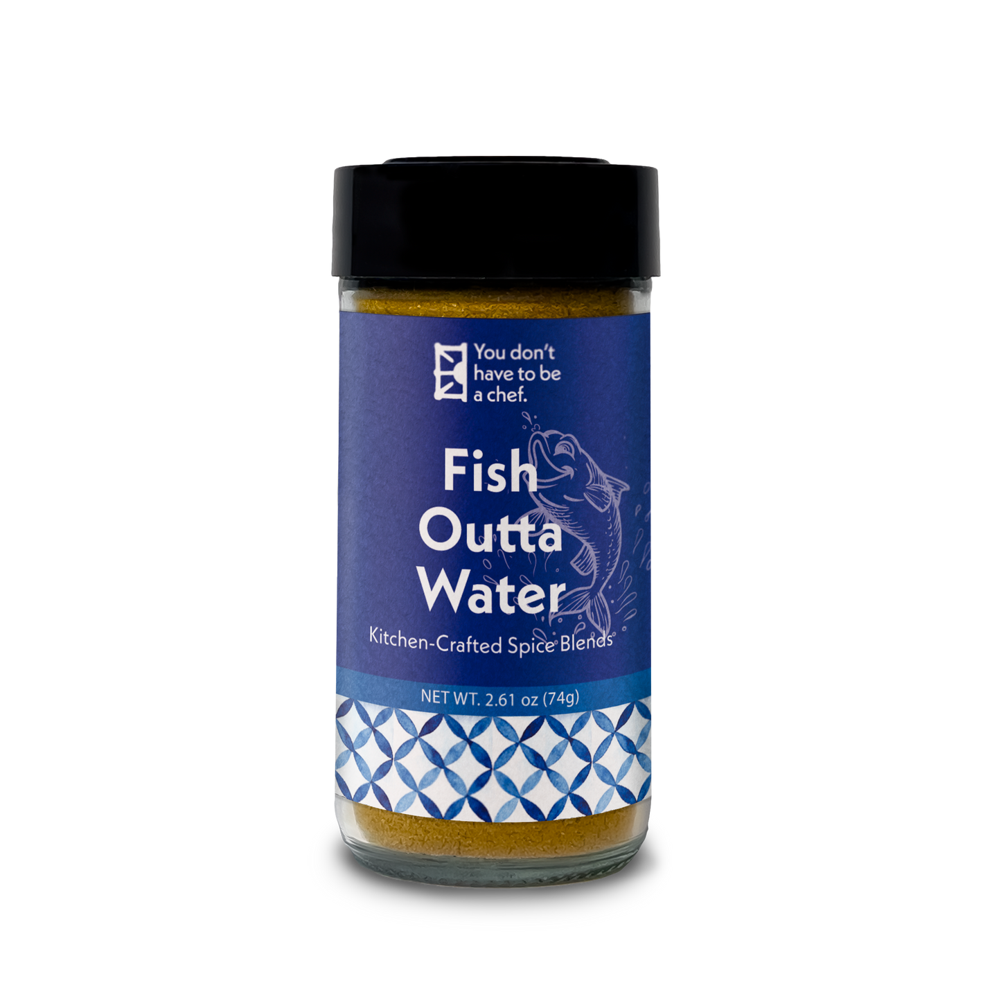 A bottle of Fish Outta Water Middle Eastern spice blend for seasoning fish, shrimp, and seafood with aromatic, bold Mediterranean flavors.