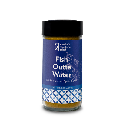 A bottle of Fish Outta Water Middle Eastern spice blend for seasoning fish, shrimp, and seafood with aromatic, bold Mediterranean flavors.