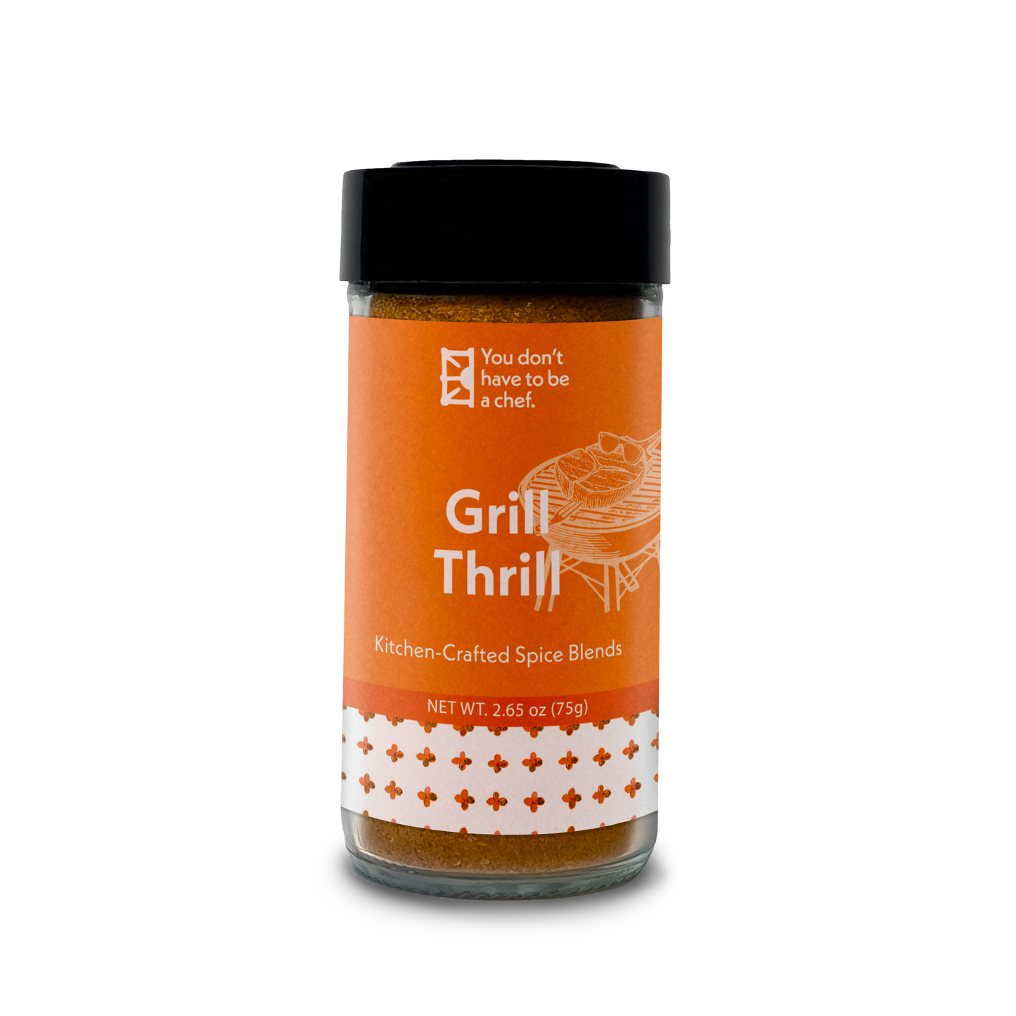 A Bottle of Grill Thrill Mediterranean spice blend. For grilling or pan-searing meats and fish with bold, savory flavors.