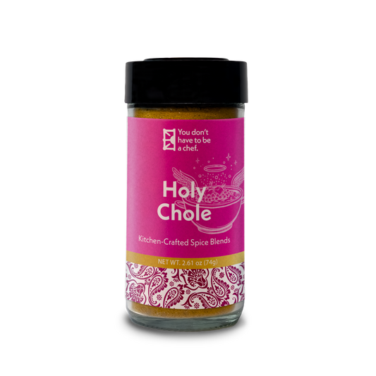 Bottle of Holy Chole spice blend. For making North Indian Chickpea Chole, a hearty, healthy, and aromatic plant-based dish.