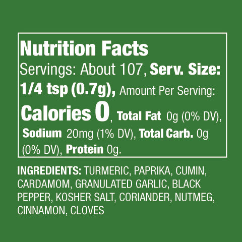 Nutritional facts and ingredient list of "In a Pickle" Mediterranean Spice Blend.