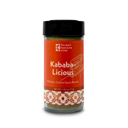 A bottle of Kababalicious spice blend. Middle Eastern kebab mix for making kofta kebabs with 8 expertly crafted spices, ideal for grilling or roasting.