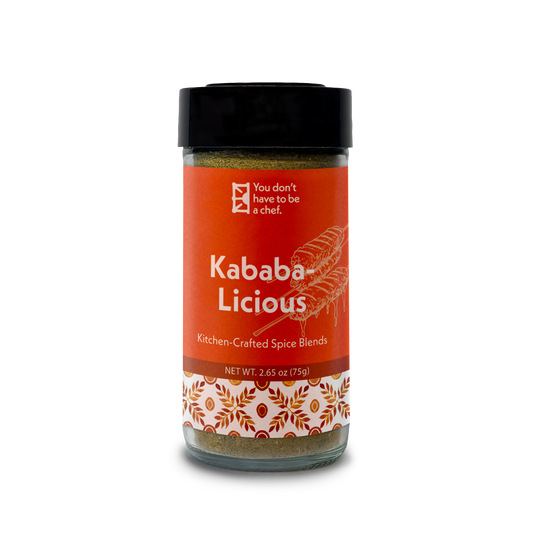 A bottle of Kababalicious spice blend. Middle Eastern kebab mix for making kofta kebabs with 8 expertly crafted spices, ideal for grilling or roasting.