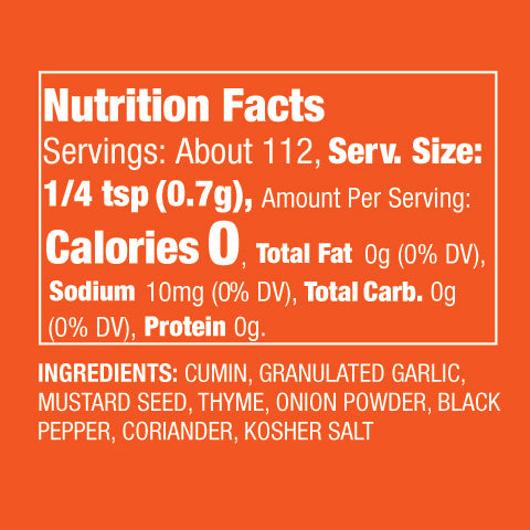 Nutritional facts and ingredient list of "Kebabalicious" Mediterranean Spice Blend.