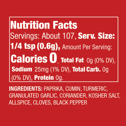 Nutritional facts and ingredient list of "Mama Shawarma" Mediterranean Spice Blend.