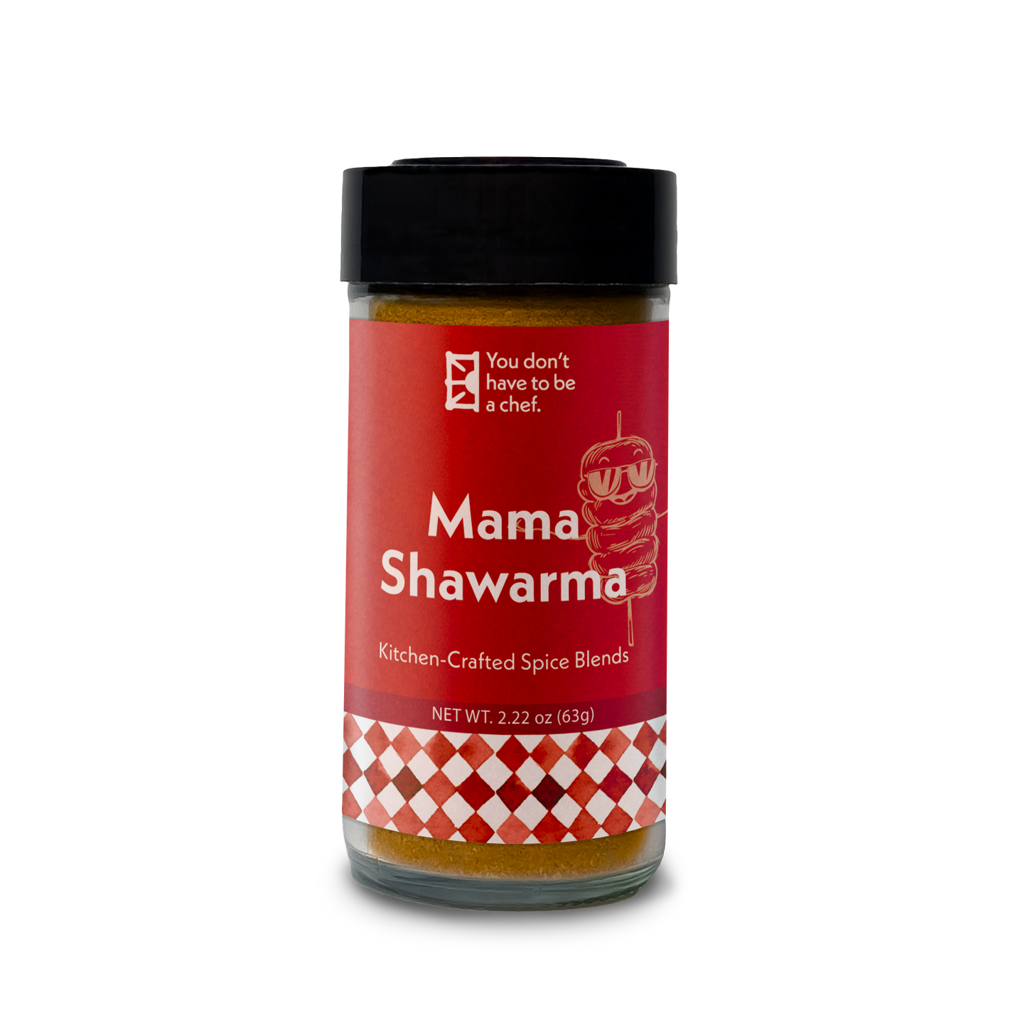 Bottle of Mama Shawarma spice blend. Made with 9 spices for marinating meats or vegetables to make delicious, authentic Mediterranean shawarma.