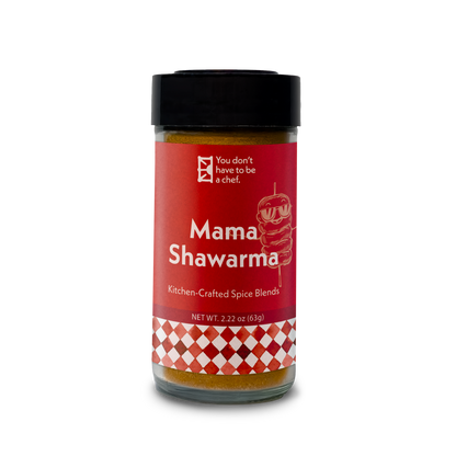 Bottle of Mama Shawarma spice blend. Made with 9 spices for marinating meats or vegetables to make delicious, authentic Mediterranean shawarma.