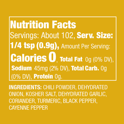 Nutritional facts and ingredient list of "Schnitz'em" Mediterranean Spice Blend.