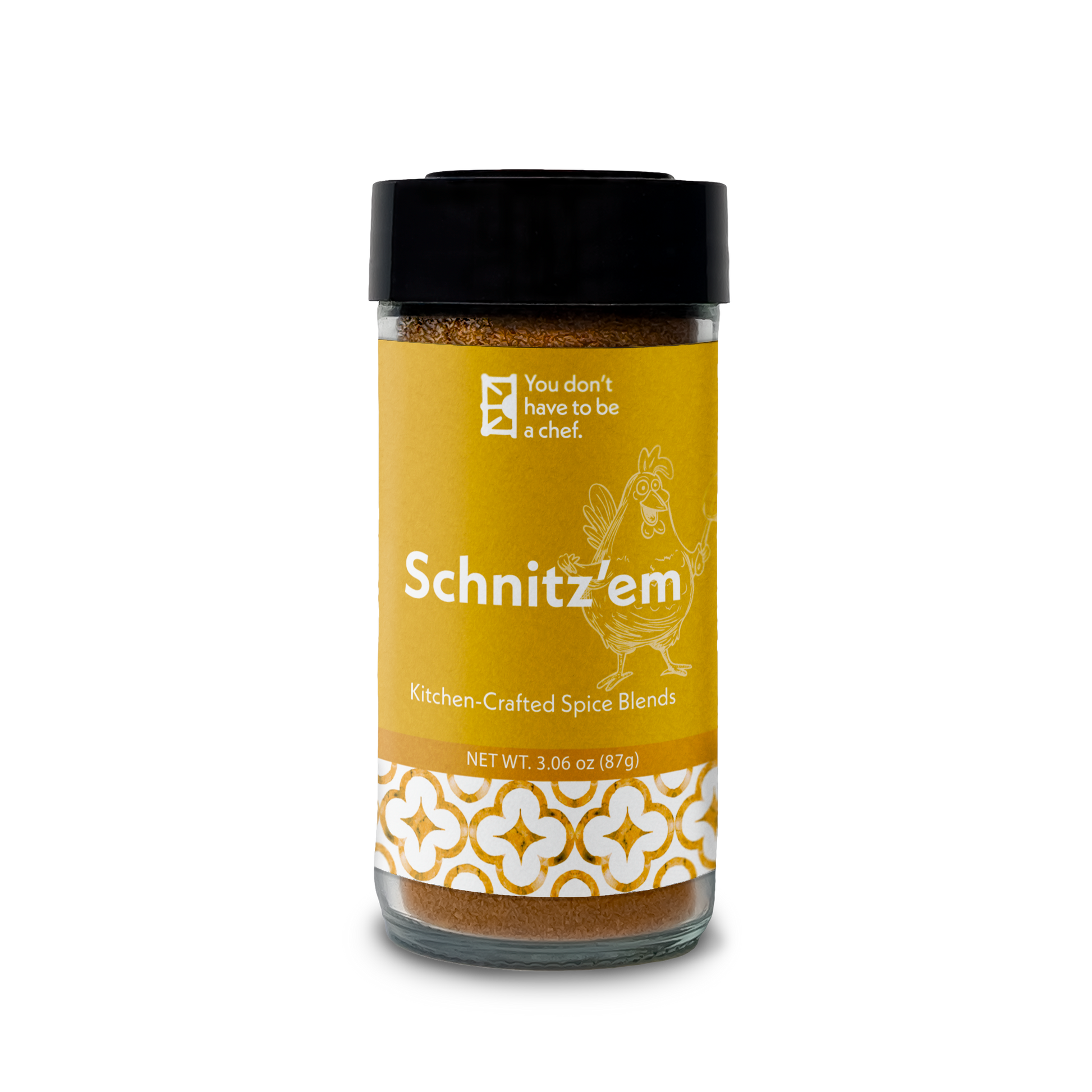 A bottle of Schnitz'em Mediterranean spice blend. 9 Middle Eastern spices for adding bold flavors to schnitzel, breaded chicken, or other fried dishes.