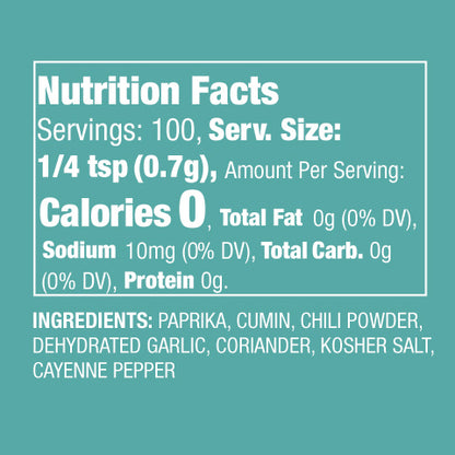 Nutritional facts and ingredient list of "Shake-Shuka" Mediterranean Spice Blend.