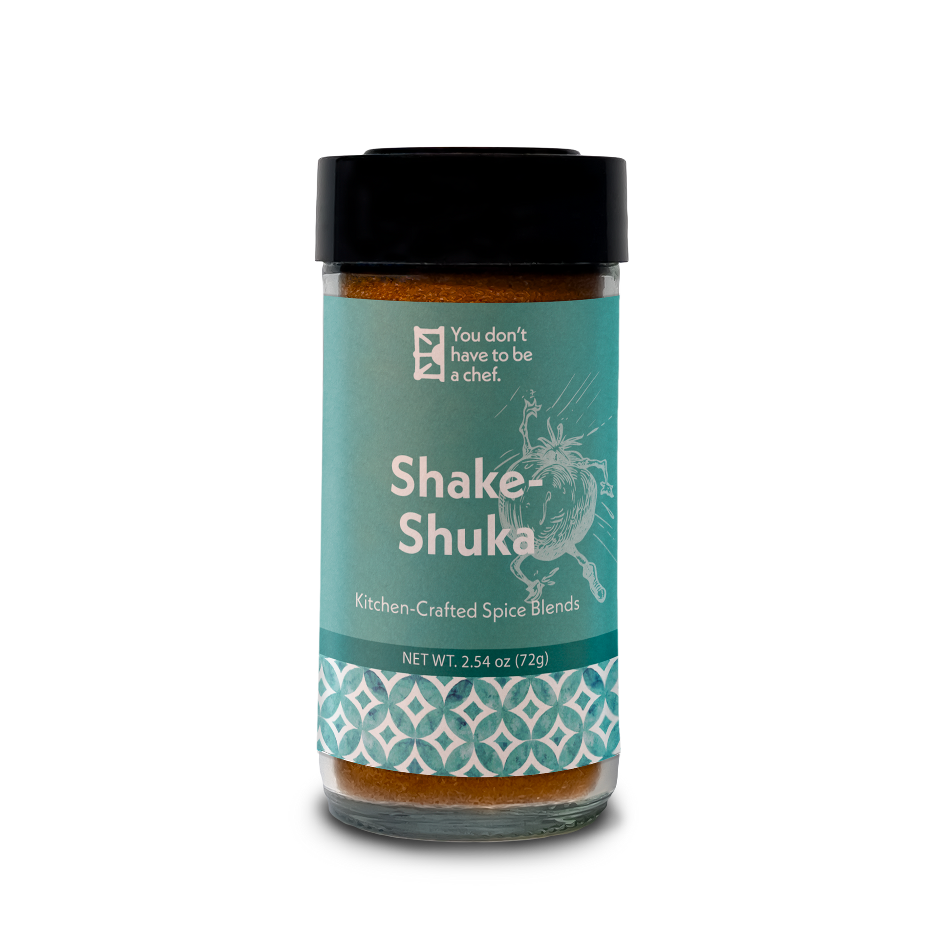 A bottle of Shake-Shuka spice blend for enhancing the flavors of tomato sauce in Shakshuka, with a mix of Mediterranean spices.