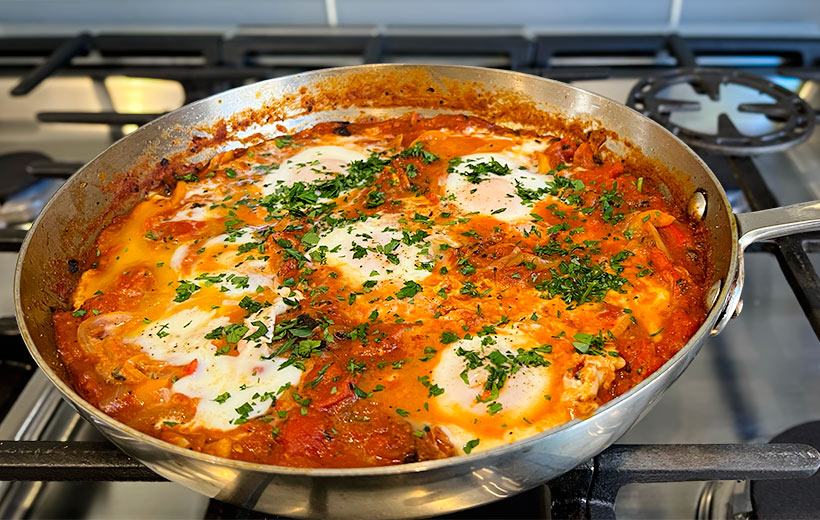 Stainless steel pan with red Mediterranean Shakshuka made with "Shake-Shuka" spice blend. Five poached eggs in the Shakshuka sauce with chopped parsley garnish.