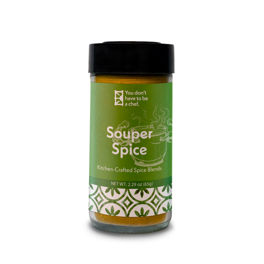 A bottle of Souper Mediterranean Spice blend, for seasoning soups and stews with 8 aromatic spices and health-boosting turmeric.